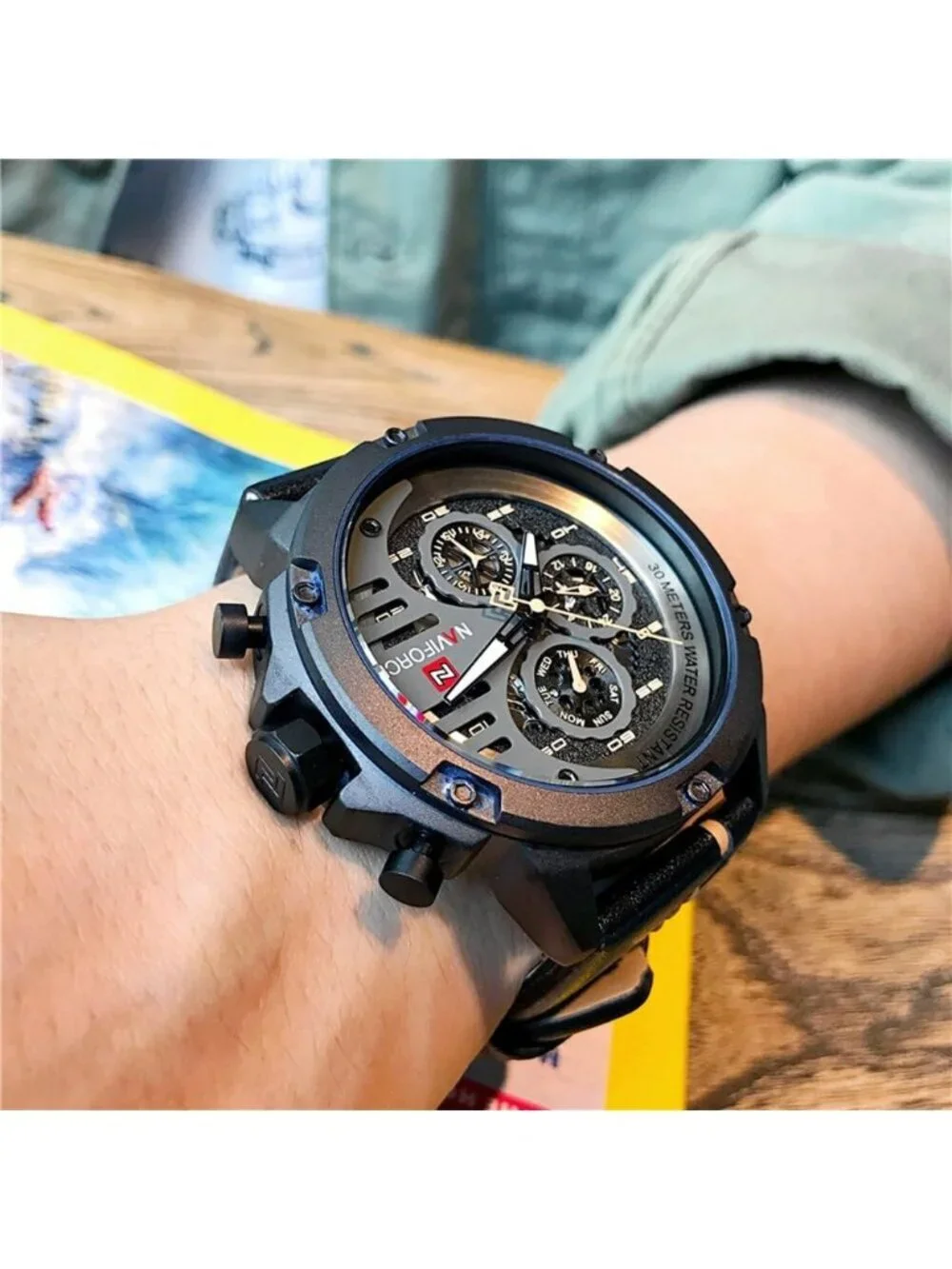 Men's Black Yellow Analog Quartz Leather Band Waterproof Military Wrist Watch